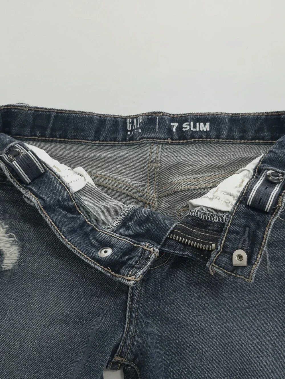 GAP Kids Boys 7 Slim Jeans Distressed Rip Repair Blue Wash Adjustable Waist